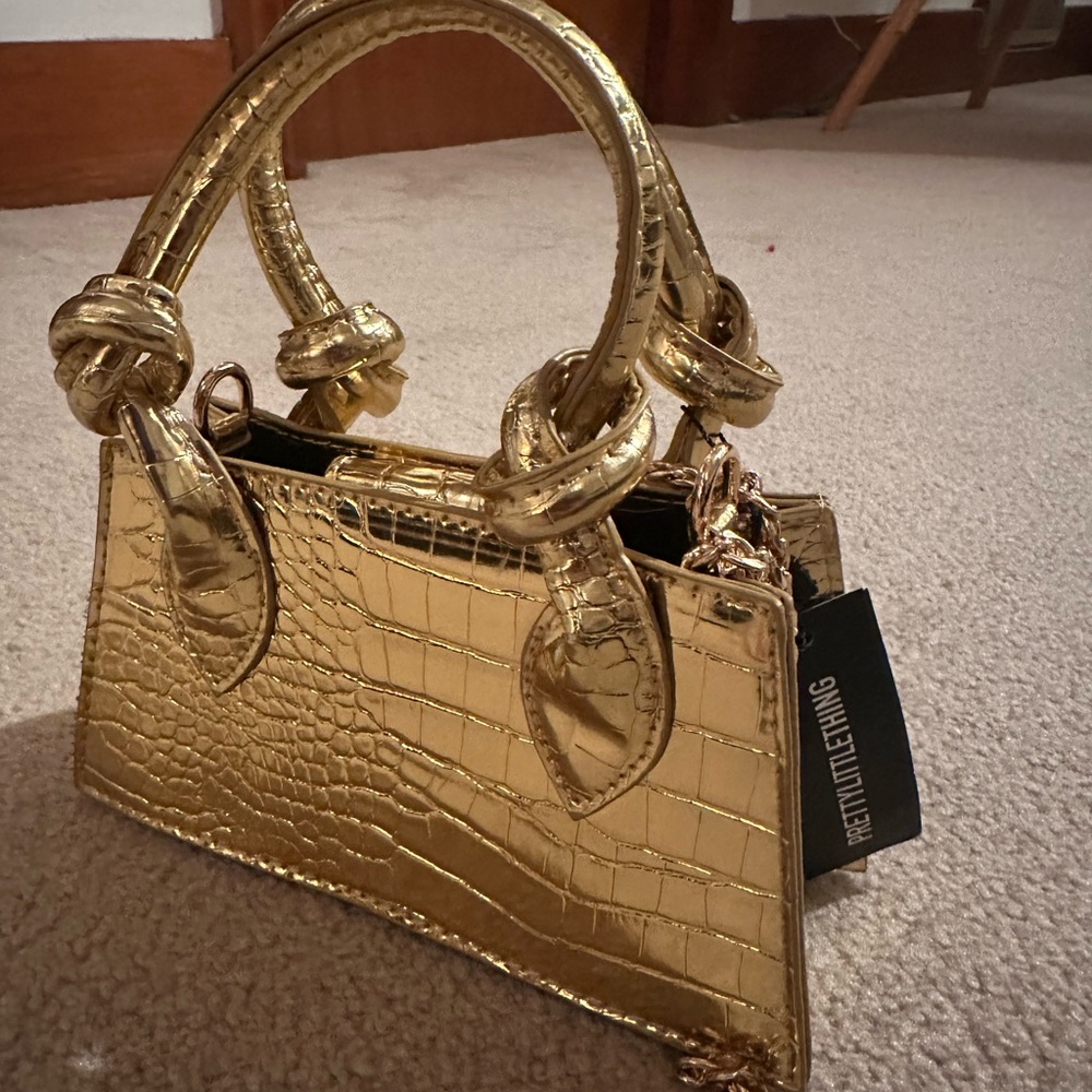 PrettyLittleThing Gold Mini Croc-Embossed Bag